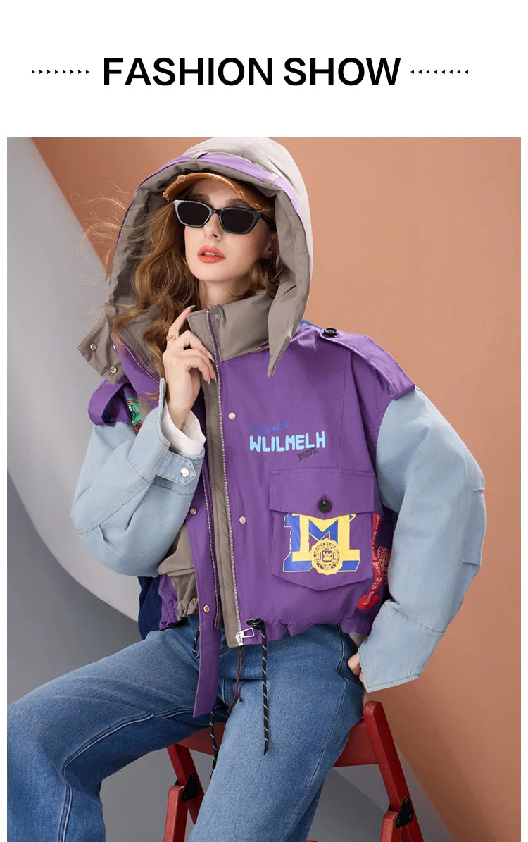 Women Short Puffer Jacket Hooded Thick Warm Winter Coat Color Block Denim Sleeve Streetwear Oversized Fashion Down Outerwear