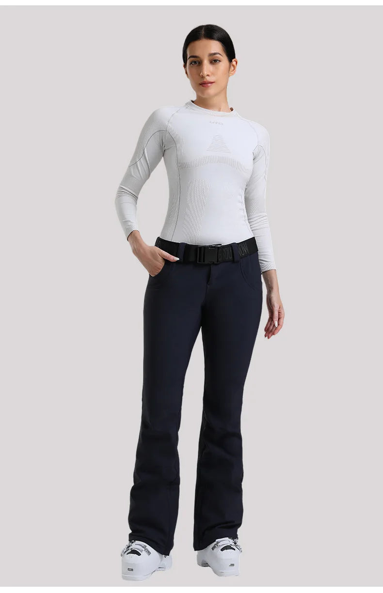 New Women's Ski Pants Stretch Slim-fit Dual-layer Insulated Professional Windproof Waterproof Breathable Solid Color Ski Pants