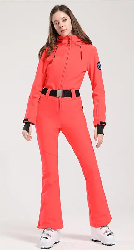 Women One Piece Ski Suit Winter Snowboard Jumpsuit Waterproof Windproof Thicken Hooded Outdoor Sport Wear for Mountain Hiking