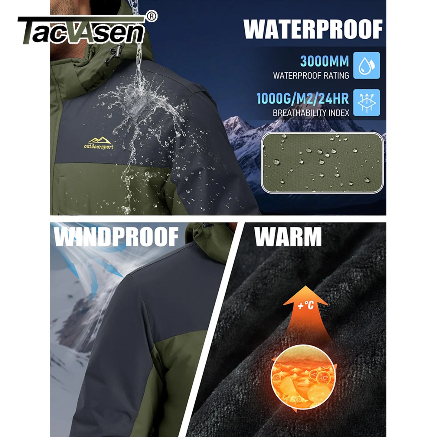TACVASEN Winter Heavyweight Coats Mens Ski Snow Waterproof Jackets Fleece Warm Snowboard Hooded Jacket Parka Raincoats 9 Pockets