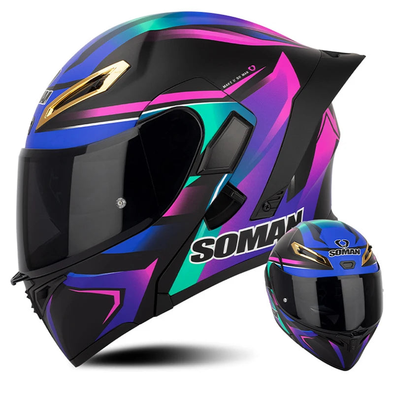 DOT Approved Men's Motorcycle Helmet Full Face Helmet with Double Visor Flip Up Motocross Helmet Four Seasons Universal