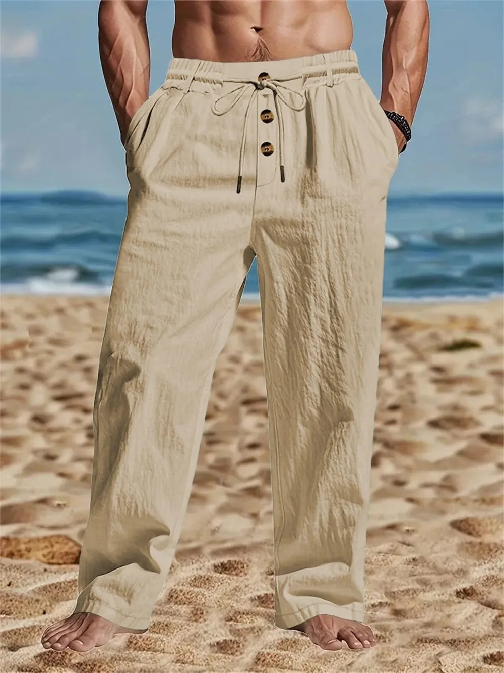 New men's breathable casual cotton-linen trousers, stylish street-style athletic pants, loose straight leg, suitable for beach a
