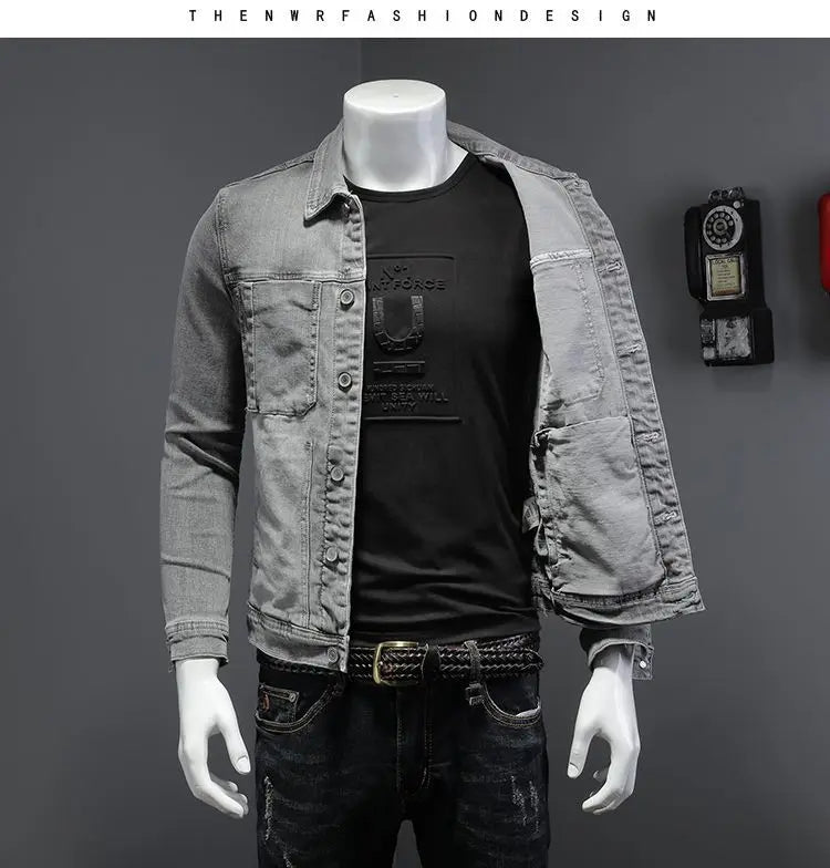 2025 Men's Autumn Winter Brand Casual Cotton Jacket with American Retro Motorcycle Embroidered Street Fashion Grey Jeans Coat