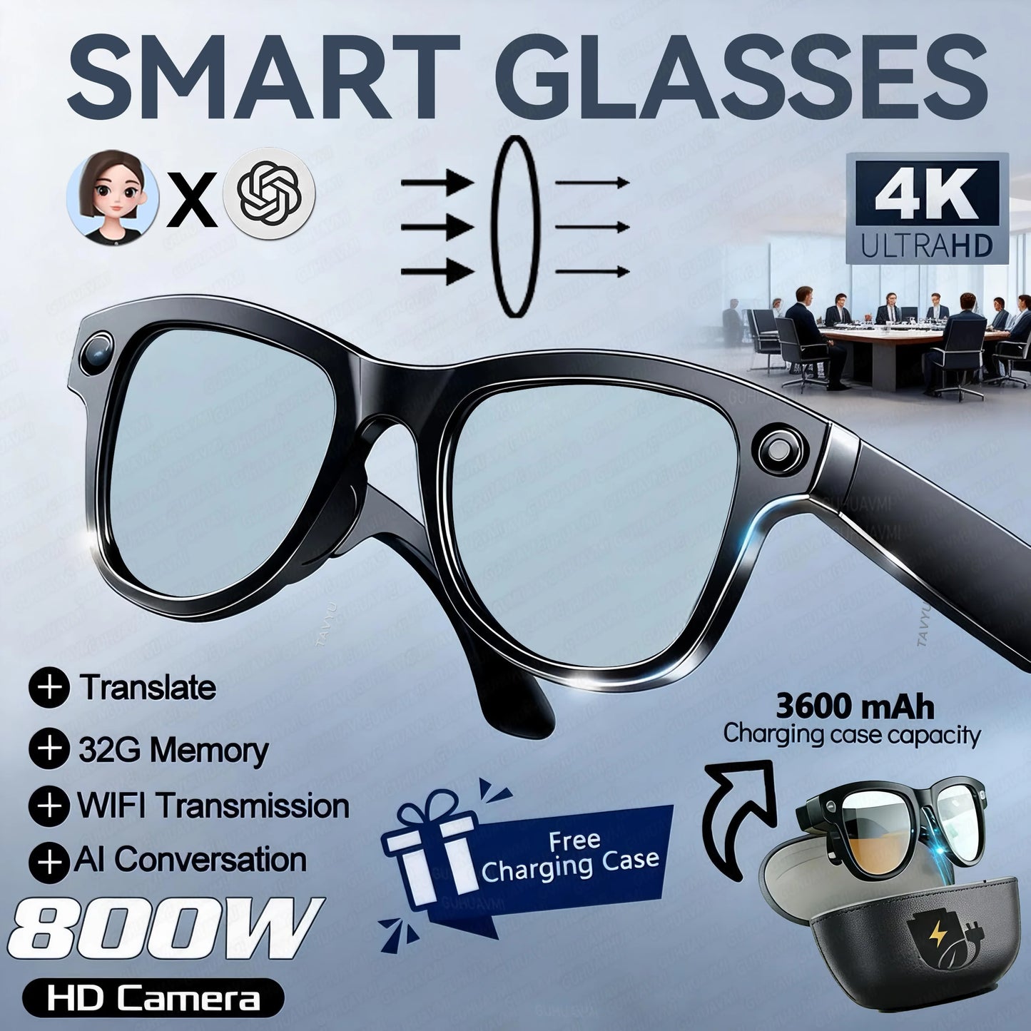 2025 New Travel Study Smart Glasses Men 800W HD Pixel Camera Video Recording WIFI Transmission Adjustable Prescription Glasses