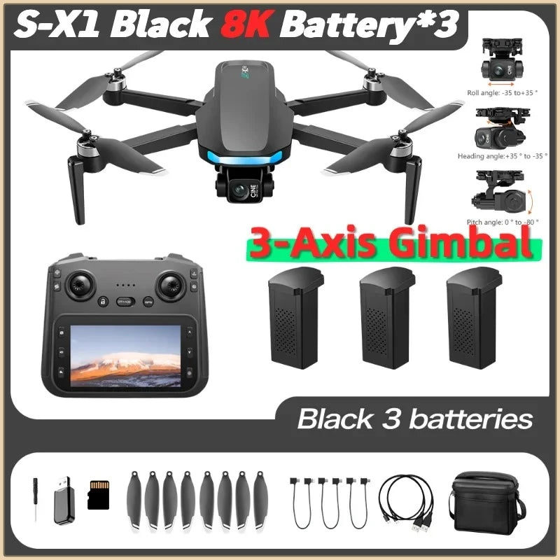 S-X1 MAX GPS Drone 4K Camera 3-Axis Gimbal EIS 5KM Digital Transmission Brushless Motor Quadcopter with 4.5" Screen Remote 231g
