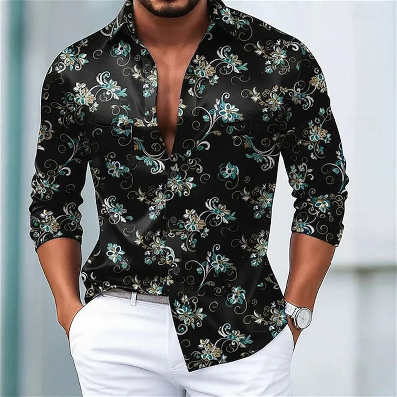 Fashion Flower pattern 3D Print Men's Long Sleeve Shirts Fashion Button-Down Tops Autumn New Casual Men's Casual Lapel Shirts