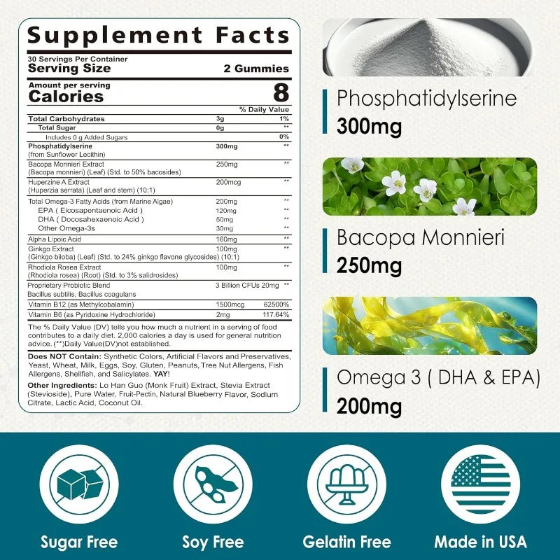 Phosphatidylserine supplement, adult focus and energy gummies, 10 in 1 brain supplement, containing purslane, 60 capsules