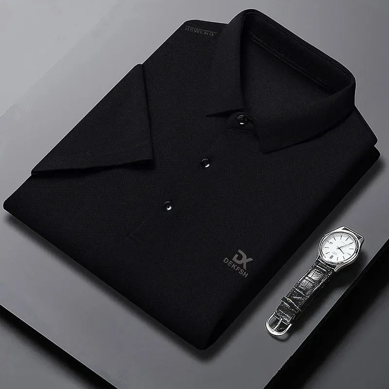 New Men's Business Casual Short Sleeved Shirt with Badge Solid Color Polo Shirt Fashionable Breathable Comfortable Versatile Top