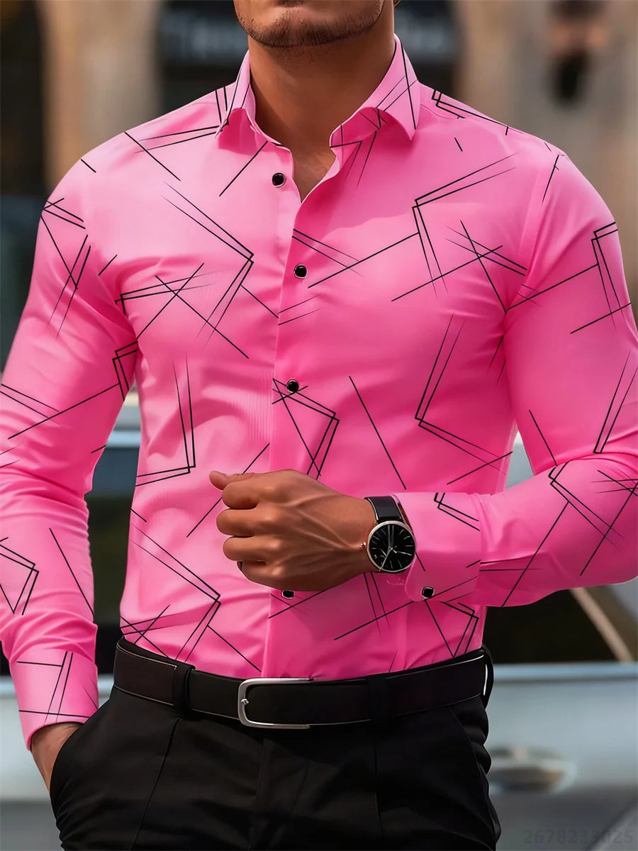 Men's trendy geometric line print long-sleeved shirt Business casual fashion design slim fit non-iron versatile ins style shirt