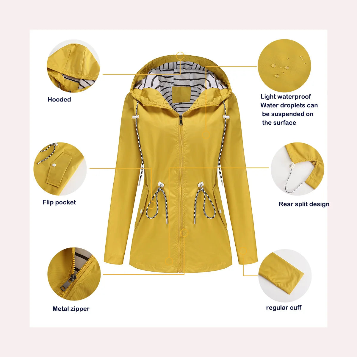 Red Waterproof Hooded Jacket, Women Fashion Casual Coat, Waist Drawstring Tie Zipper Switch Blue Green Yellow Black Windbreaker