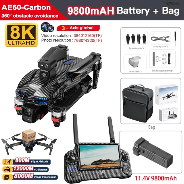 AE60 Ultra GPS Drone Profesional 8K HD Camera 3-axis gimbal Aerial Photography 12KM Obstacle Avoidance FPV Airdrop Fishing Drone