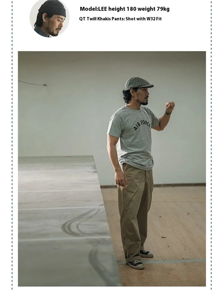 Qingtian Twill Chino Pants Vintage Workwear Men's Amekaji Khaki Trousers Loose Straight Leg