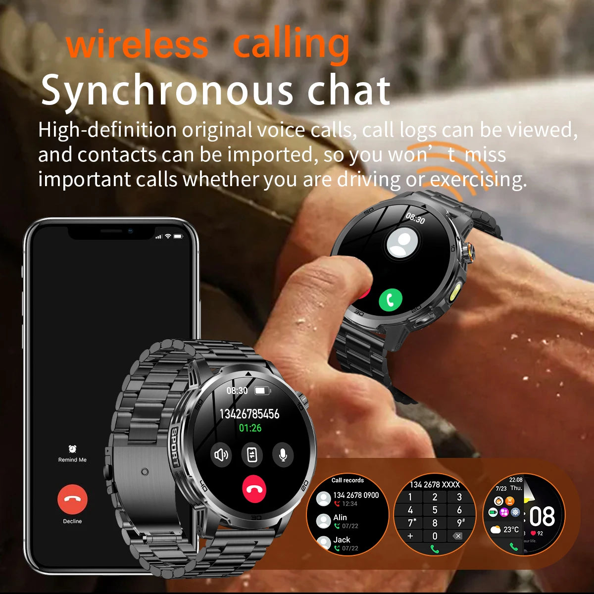 Fanwear men's smart watch SOS distress light +LED flashlight dual light mode 1000 mAh battery GPS trajectory 1.85 inch AMOLED