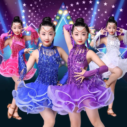 Teenager Girl 's Latin Dance Costumes Latin Skirt Sequins Performing Competition Costume Girls Salsa Dancing Tassel Dress