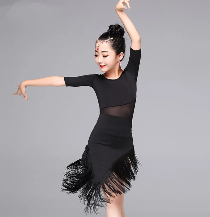 1pcs/lot  Child Girls Latin Dance Dress Fringe Latin Dance Clothes Salsa Costume Black Red Ballroom Tango Dresses