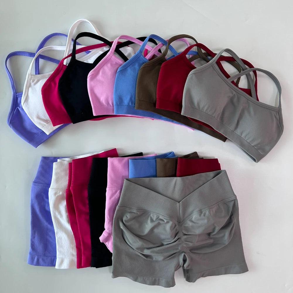 2 Pieces Set For Woman Clothes Seamless Scrunch Yoga Shorts Set Backless ktp Sports Bra Fitness Workout Top Gym Set Outfits