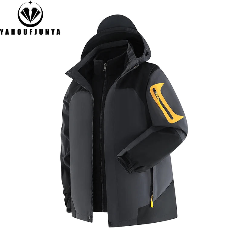 Winter Men Triple Windbreak Thick Warm Removable Hooded Jacket Men Autumn Hiking Outdoor Travel Camping Skiing Jacket Coat Male
