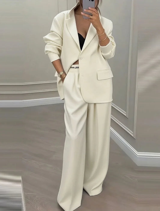 Temperament Women's Pants Suit Loose Solid Color Autumn Winter Commuting Long-sleeved Lapel Top Wide-leg Trousers Two-piece Set