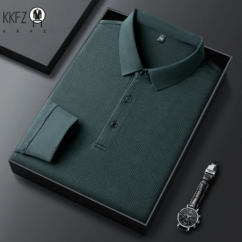 New Men's Business Casual Long Sleeved Shirt with Badge Solid Color Polo Shirt Fashionable Breathable Comfortable Versatile Top