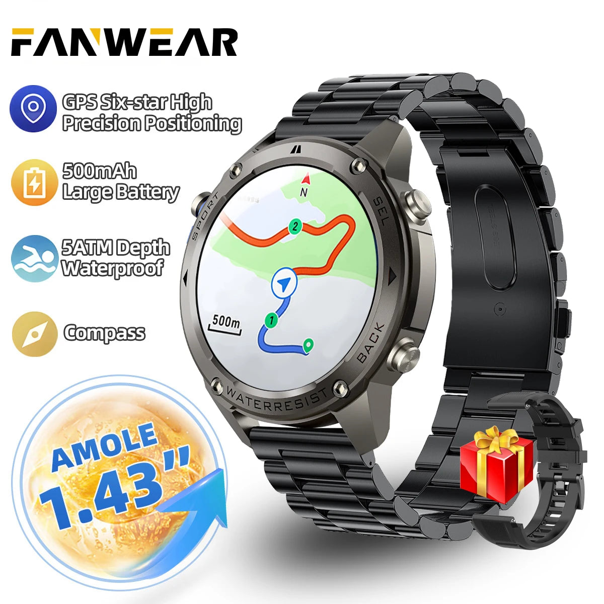 For Xiaomi Huawei Men GPS SmartWatch 2024 New Bluetooth Call 1.43inch AMOLED Compass 500mAh Battery 10ATM Waterproof Smart Watch