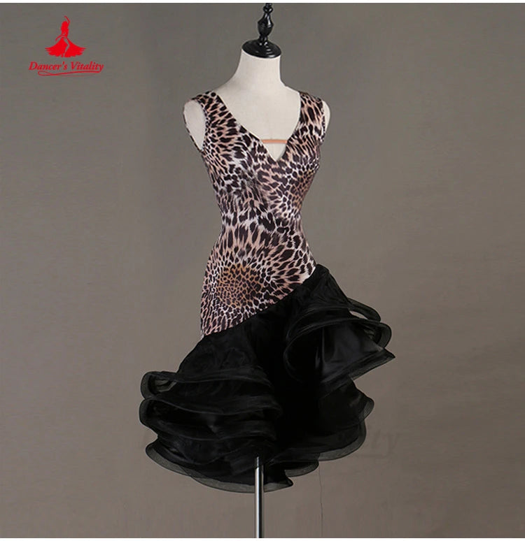 Latin Dance Dress V-Neck Wave Point Skirt Profession Custom Female Adult Child Elegant Performance Clothes Competition Clothing