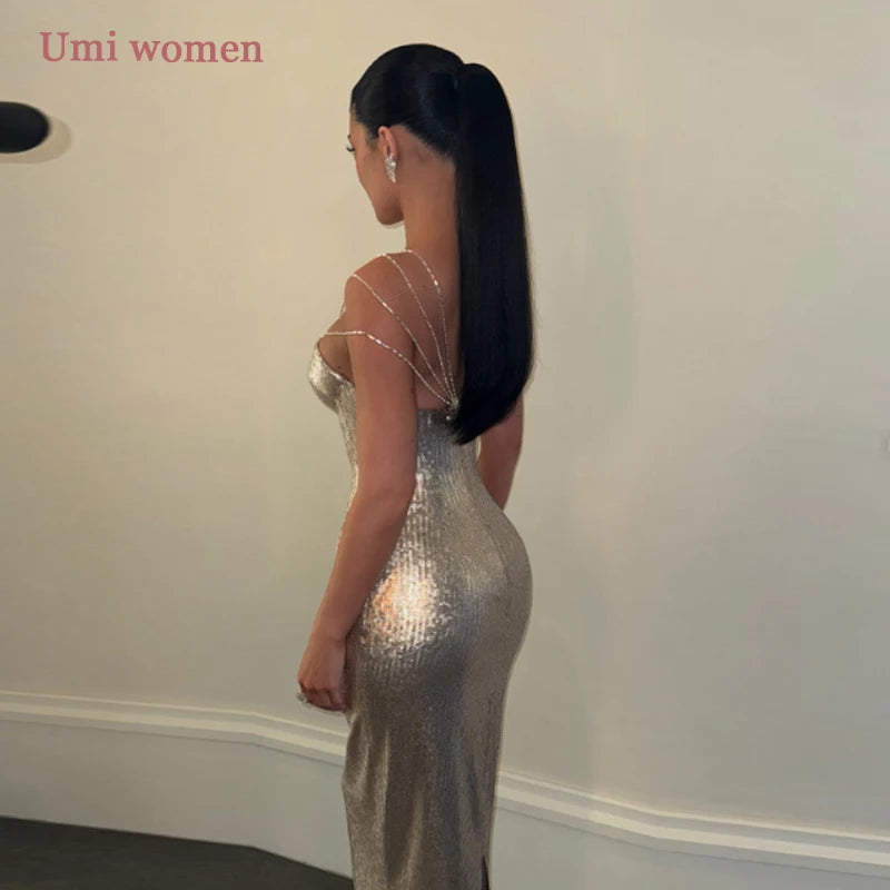 Umi Customized Luxury Glitter Mermaid Evening Spaghetti Straps Formal Dress Bodycon Sparkly Women Party Gowns 2026
