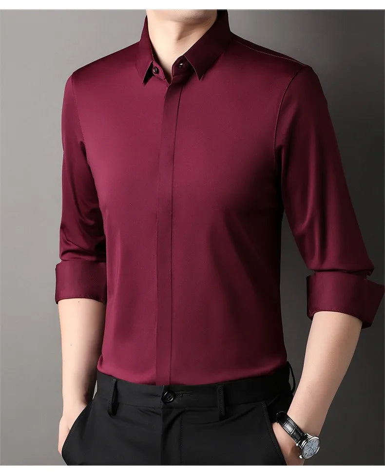 High end Mulberry Silk Dress Shirts Business Men Wrinkle Resistant Button Invisible Elastic Tops Luxurious Male Quality Clothing