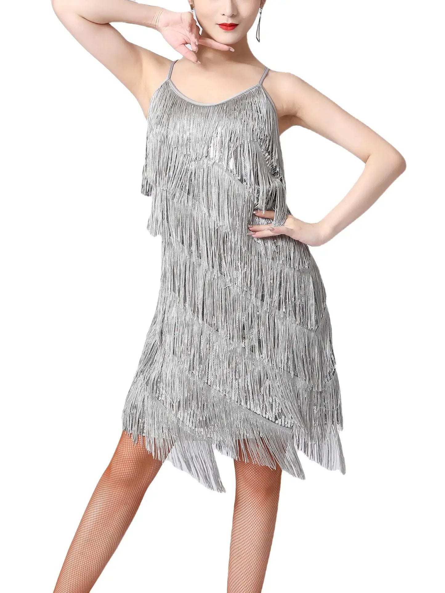 Women Salsa Latin Dance Dress Sequin Tassel Fringe Flapper Dress 1920s Gatsby Cocktail Dress Tango Ballroom Dancing Costume