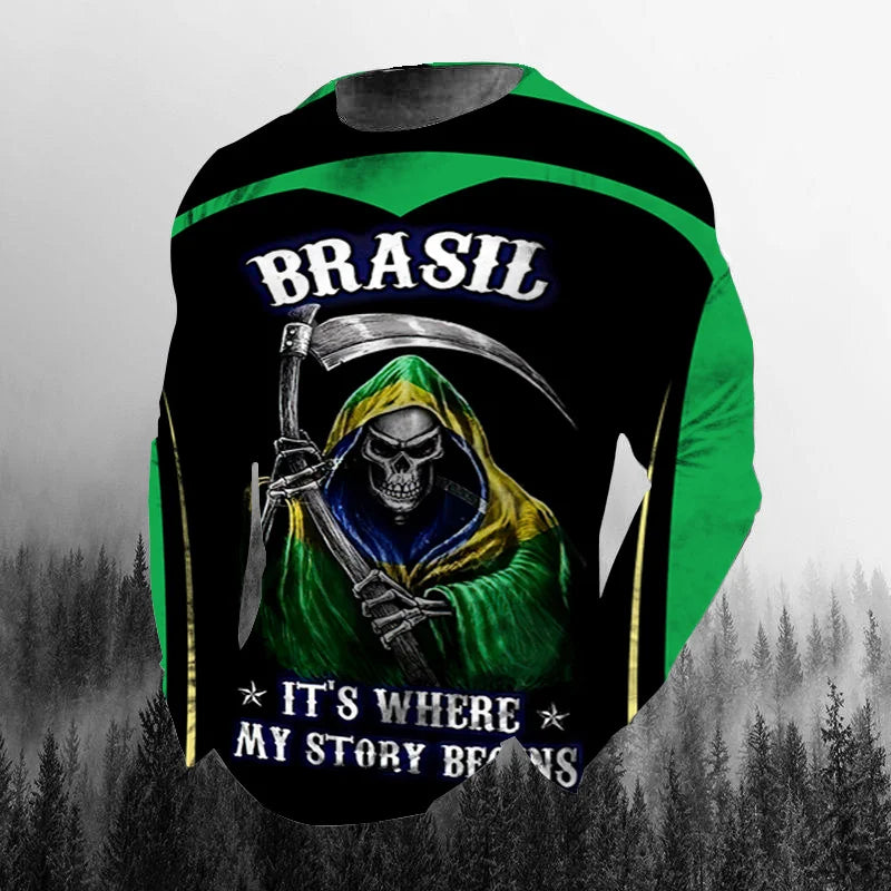 Vintage Brazilian Flag 3D Print Autumn Men's O-Neck T-shirt Casual Long Sleeve Oversized T Shirt Fashion Pullover Men Clothing