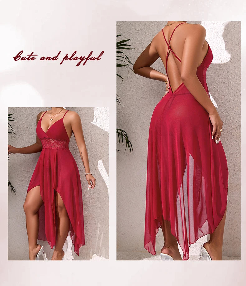 Irregular Suspender Women Vacation Style Skirt Sexy Female Lingerie Transparent Mesh V-neck Backless Long Dress Woman Pajamas