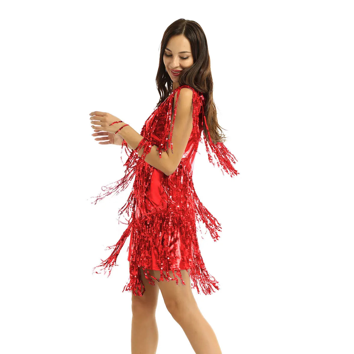 Women Latin Dress Shiny Sequin Sleeveless Tassels Fringed Dress Tango Samba Rumba Ballroom Salsa Jazz Dance Performance Costume