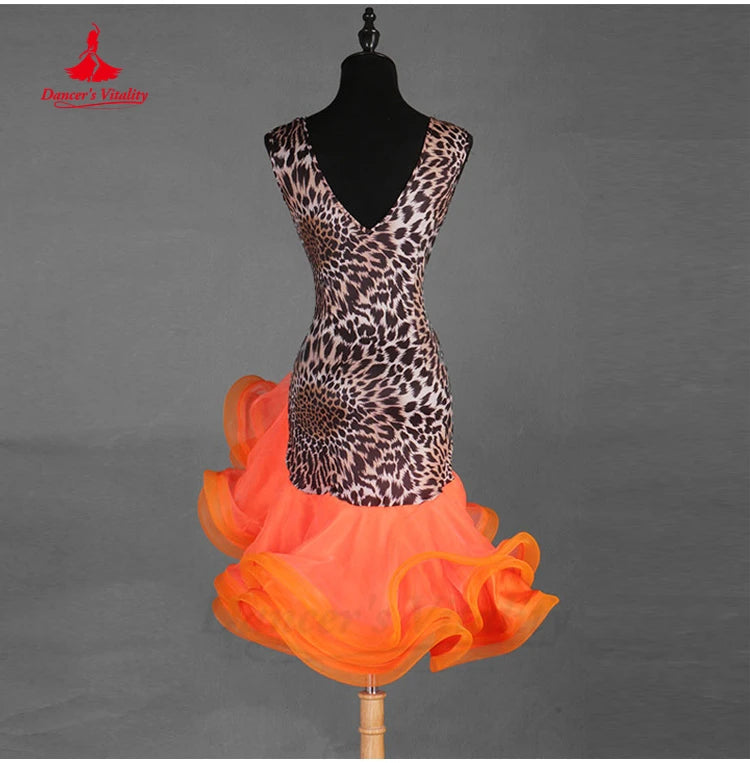 Latin Dance Dress V-Neck Wave Point Skirt Profession Custom Female Adult Child Elegant Performance Clothes Competition Clothing