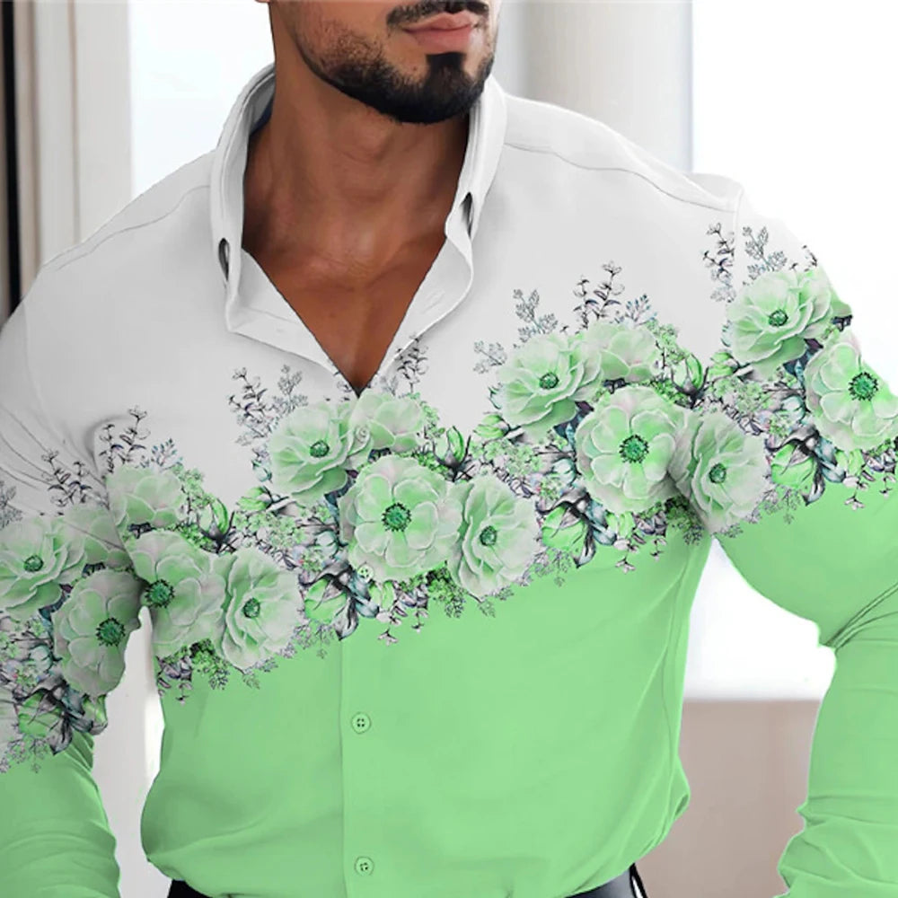 Men's red patterned long-sleeved shirt men's casual versatile fashion street men's shirt lapel single-breasted long sleeve