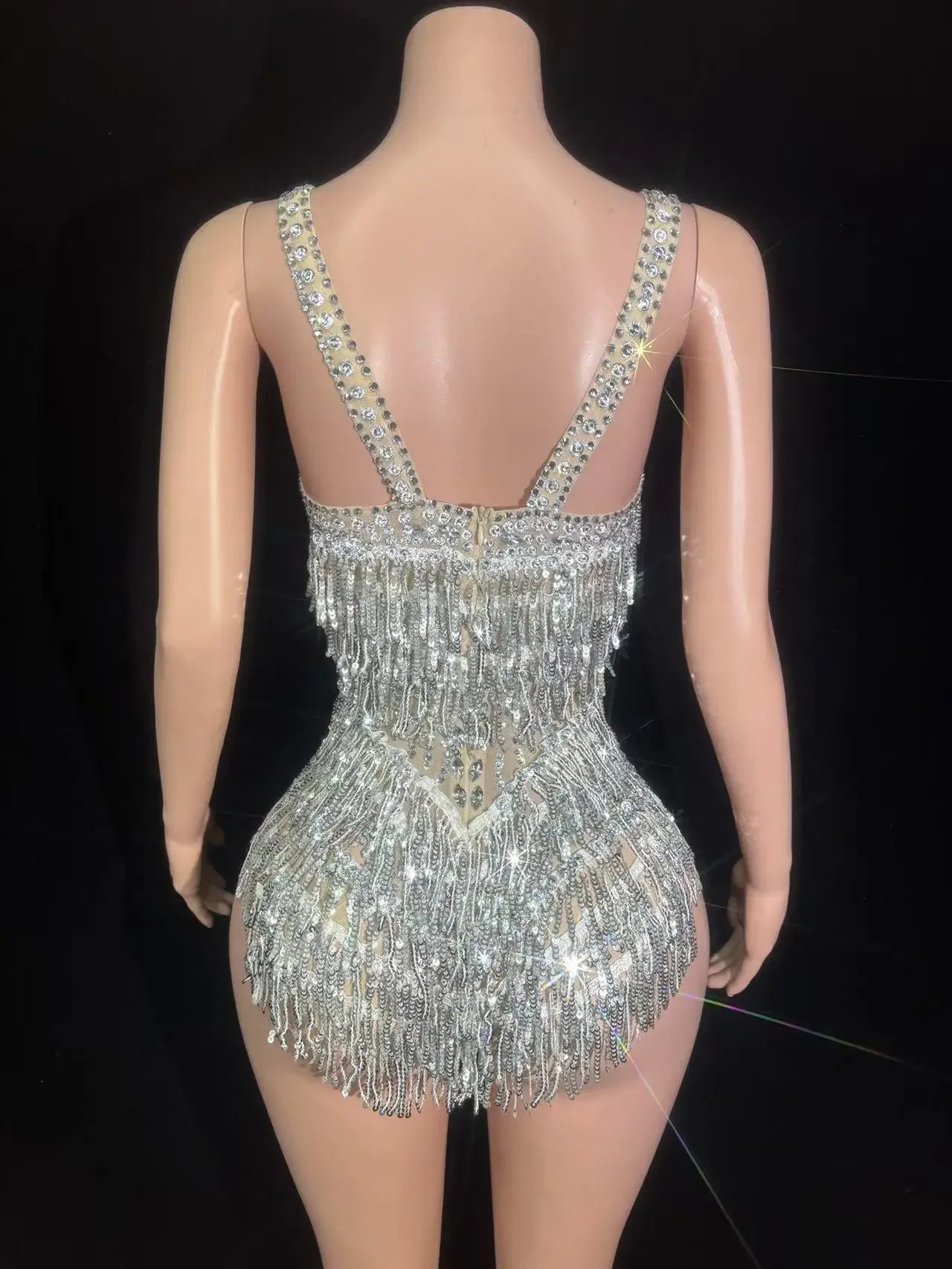 Sparkly Rhinestones Sequins Tassel Bodysuit Women Sexy See Through Performance Dance Costume Singer Dancer Stage