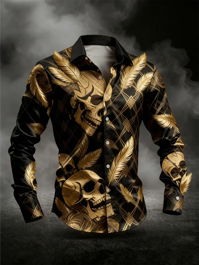 Fashion men's long sleeved shirt skull 3D print rose series gold black skull men's top soft long sleeved shirt Men Clothing