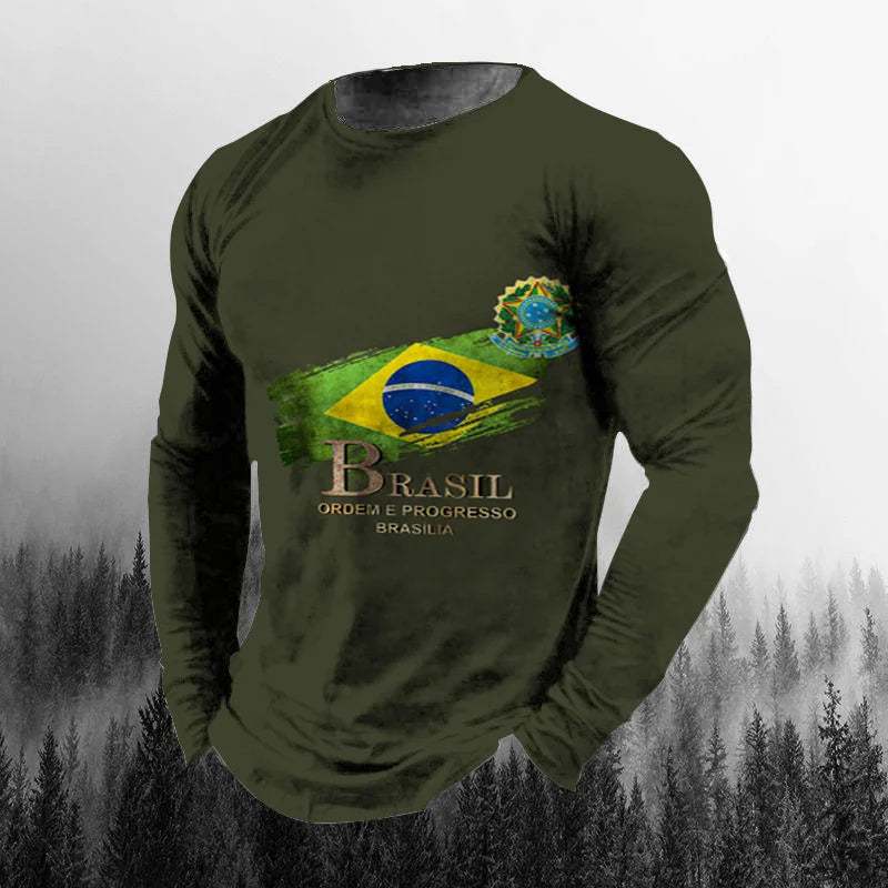 Vintage Brazilian Flag 3D Print Autumn Men's O-Neck T-shirt Casual Long Sleeve Oversized T Shirt Fashion Pullover Men Clothing