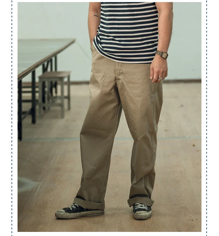 Qingtian Twill Chino Pants Vintage Workwear Men's Amekaji Khaki Trousers Loose Straight Leg