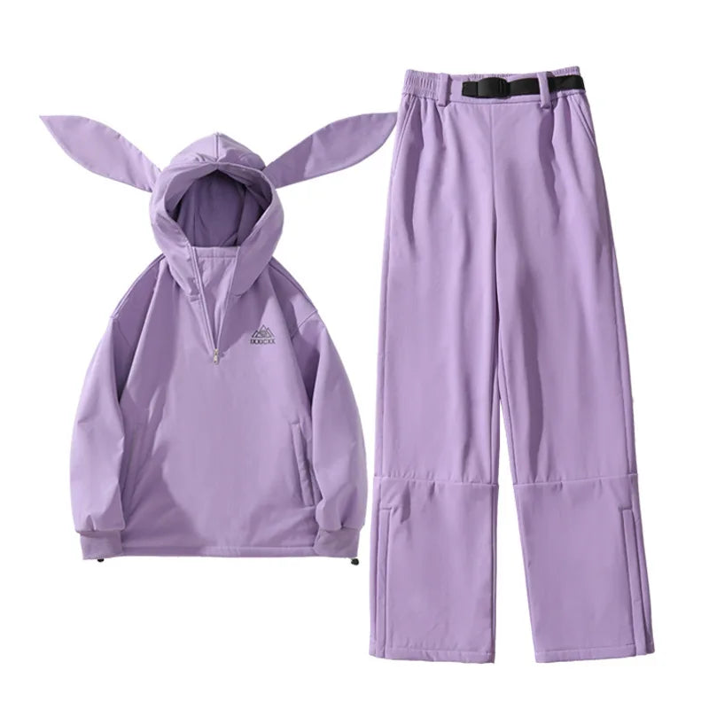 New Trendy Windproof And Warm Rabbit Ear Snow Clothes Men's And Women's Velvet Ski Clothes Set Couple Snow Clothes