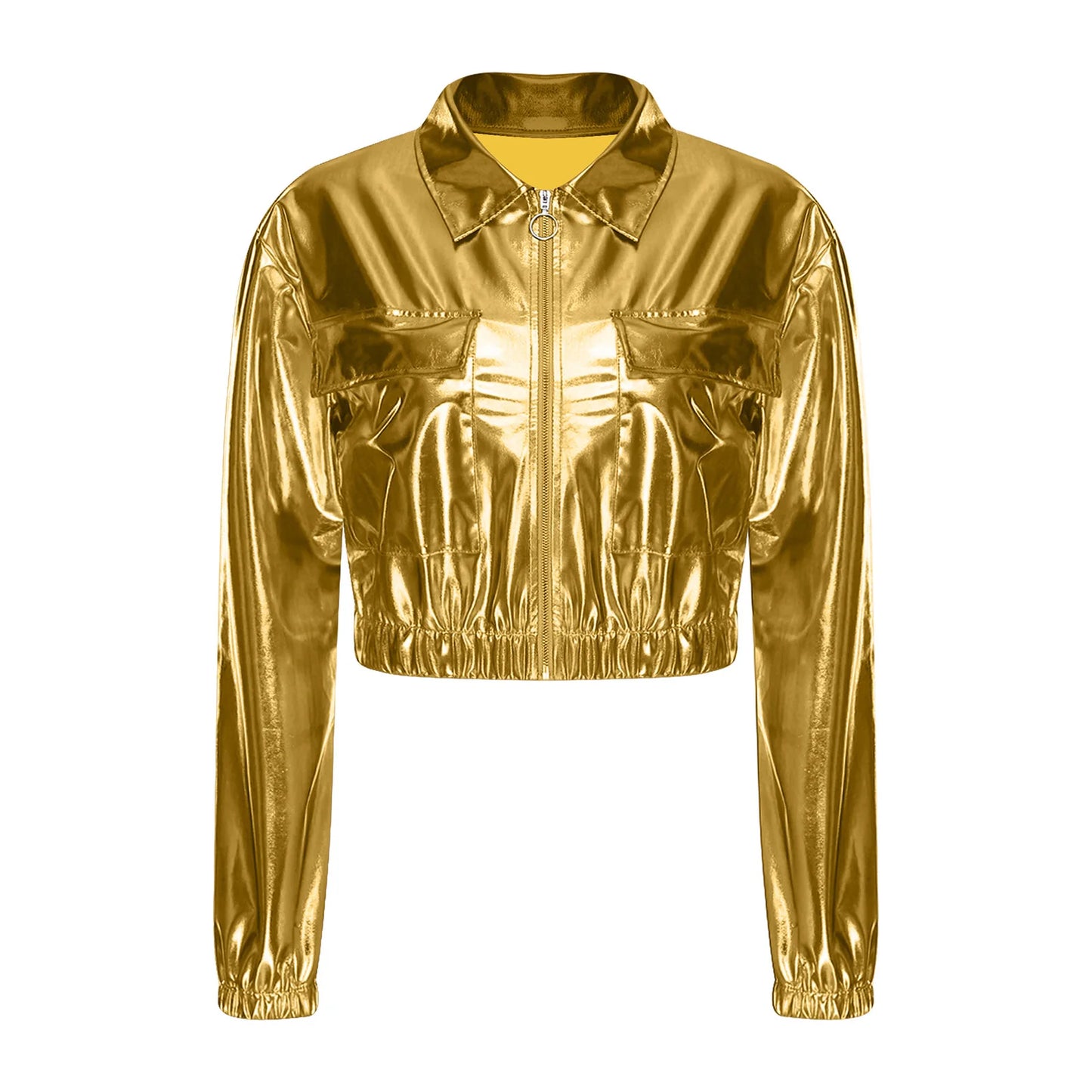 Womens Metallic Shiny Cropped Jacket Lapel Long Sleeve Front Zipper Chest Flap Pockets Crop Outerwear Biker Motor Jacket Tops