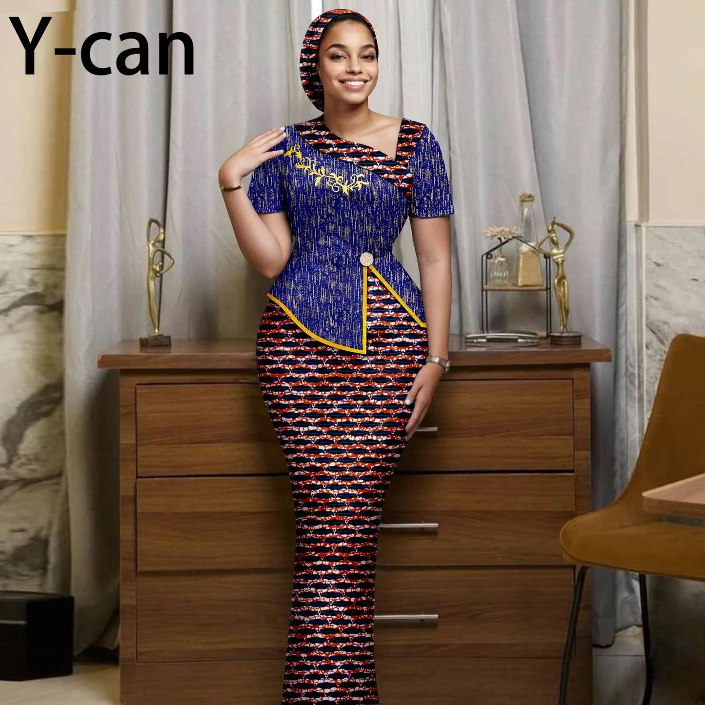 African Women Skirt Set Luxury Gown Short Sleeve Slit Top and Slim Skirt Vestidos with Headwrap Wedding Dress 2526056