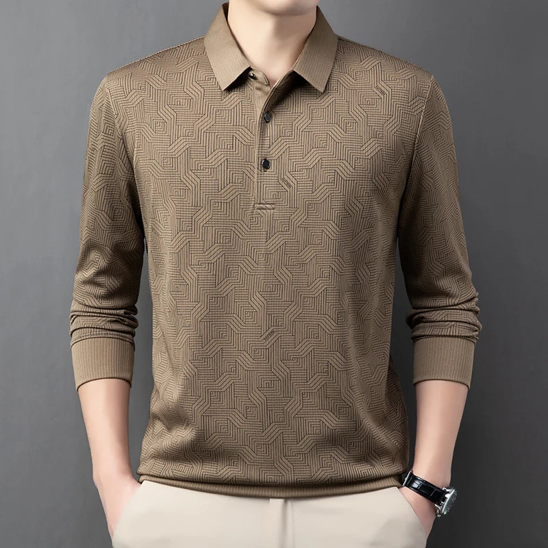 New Men's Business Casual Long Sleeved Shirt with Badge Solid Color Polo Shirt Fashionable Breathable Comfortable Versatile Top