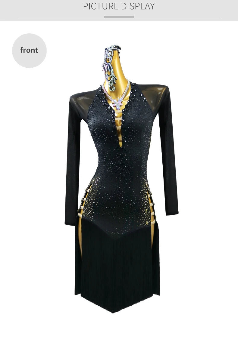 Black Latin Dance Dress Stage Clothes Women Costume Outfit Sport Line Wear Girls Prom Skirt Party Evening Female Suit Customized