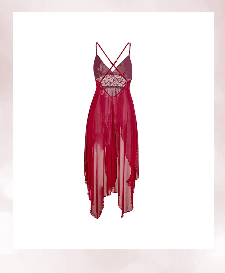 Irregular Suspender Women Vacation Style Skirt Sexy Female Lingerie Transparent Mesh V-neck Backless Long Dress Woman Pajamas