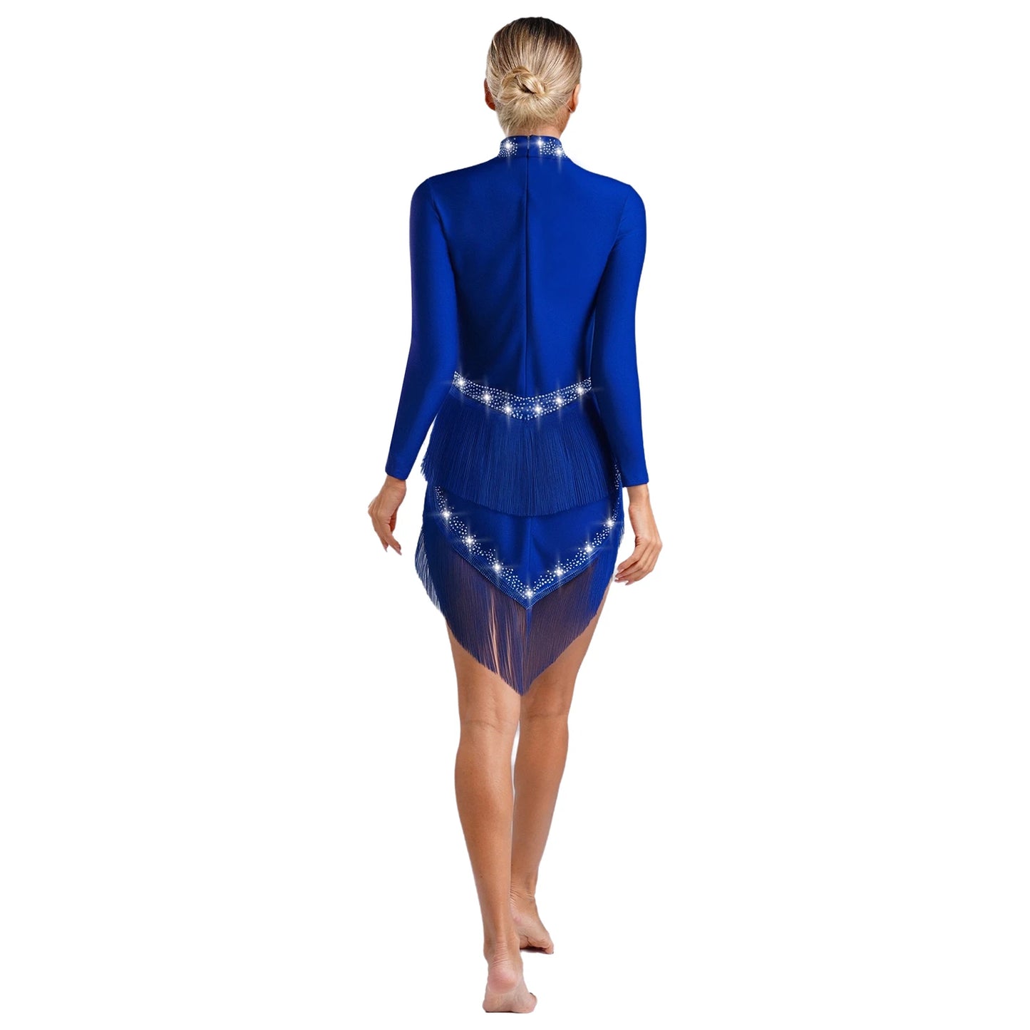 Womens Tassel Latin Tango Samba Dance Dresses Stage Performance Costume Long Sleeve Irregular Hem Shiny Rhinestones Dance Dress