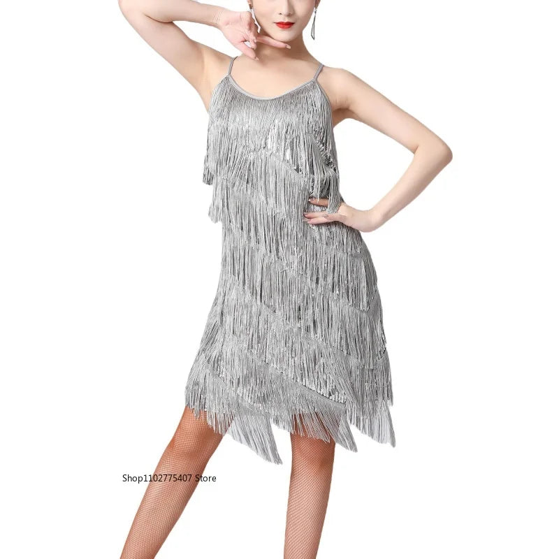 Women Salsa Latin Dance Dress Sequin Tassel Fringe Flapper Dress 1920s Gatsby Cocktail Dress Tango Ballroom Dancing Costume