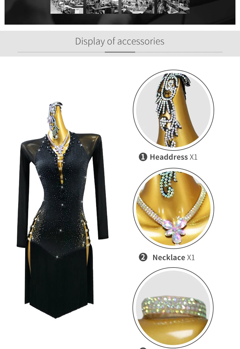 Black Latin Dance Dress Stage Clothes Women Costume Outfit Sport Line Wear Girls Prom Skirt Party Evening Female Suit Customized