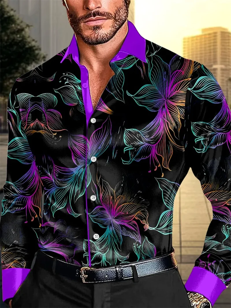 New men's long sleeved shirt casual fashion 3D petal print high-quality shirt single breasted long sleeved top