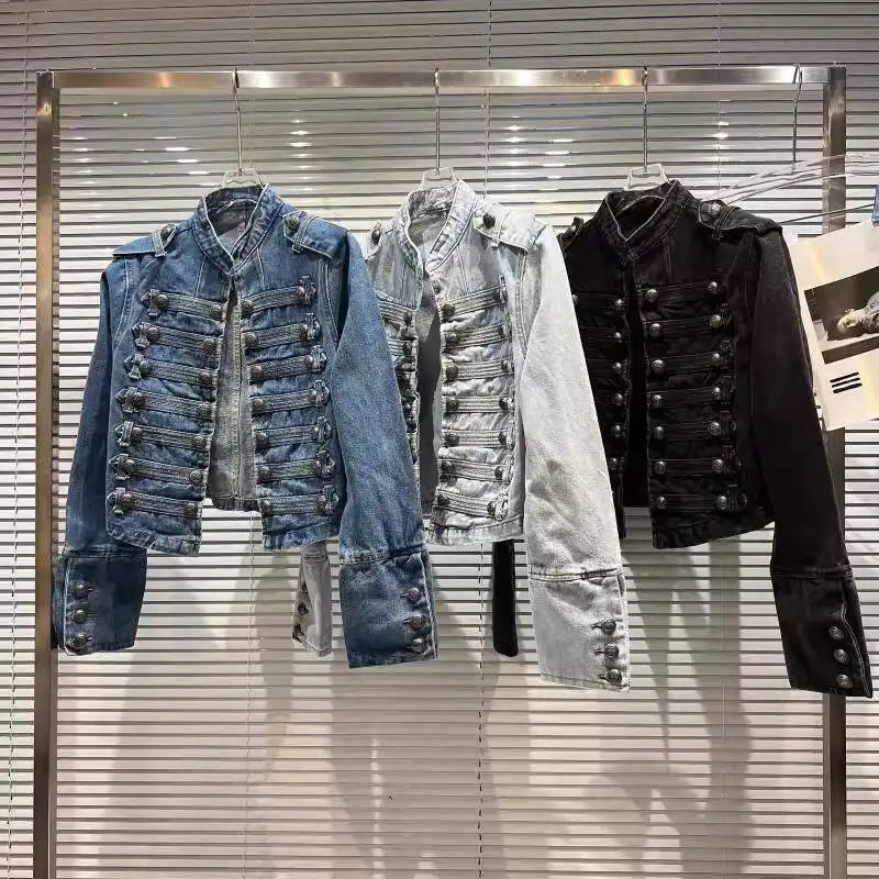 DEAT 2025 Autumn New Fashion Metal Buckle Design Shoulder Strap Denim Short Jacket For Women High Street Coat Female 11A06995