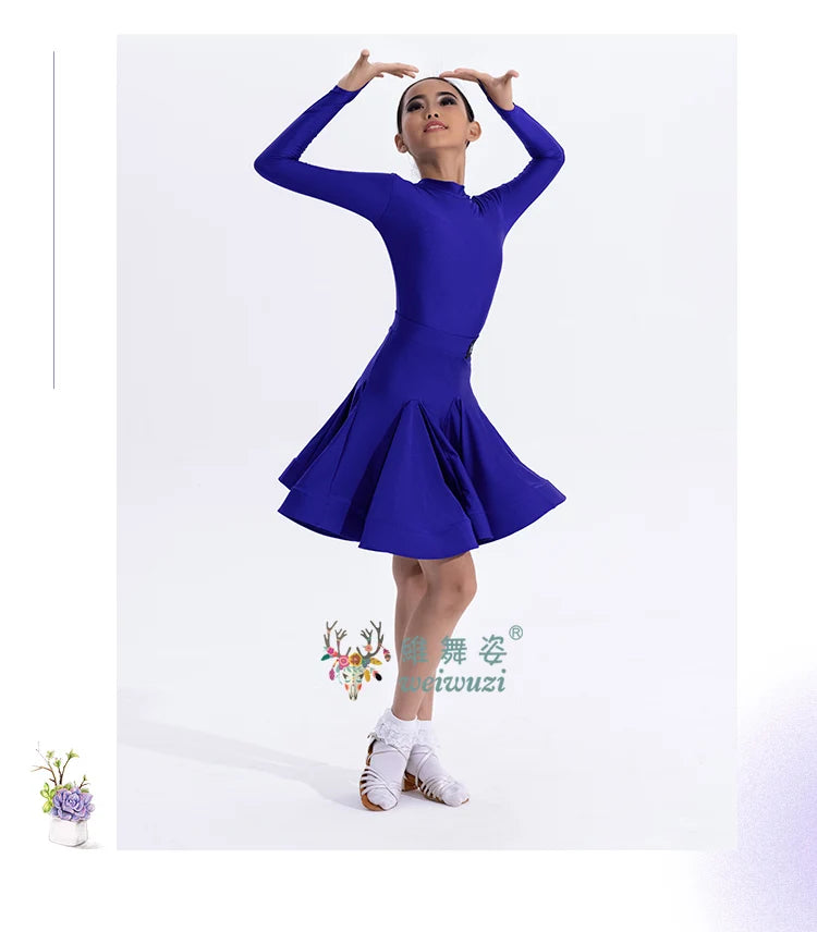 Girls Latin Dance Competition Clothing Glossy Fabric Long Sleeves Dance Dress Kids Cha Rumba Dance Practice Training Wear