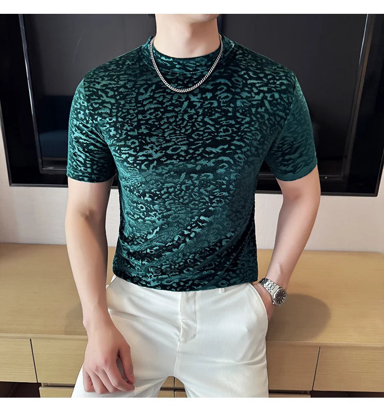 Men's T-Shirts Korean Fashion Gold Velvet Short Sleeve Mens Casual T Shirt Slim Fit Breathable Turtleneck Tee Shirt Homme 4XL-M